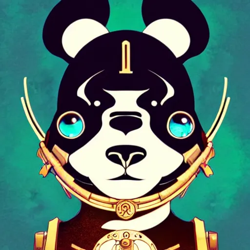 Image similar to don bluth, loish, artgerm, joshua middleton, steampunk, clockpunk anthropomorphic panda, full sailor suit, symmetrical eyes symmetrical face, colorful animation forest background