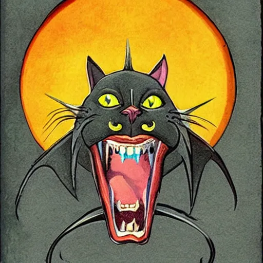 Image similar to dark cat god detailed illuminated manuscript teeth fangs tails