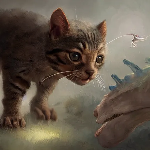 Image similar to a kitten dinosaur hybrid by greg rutkowski