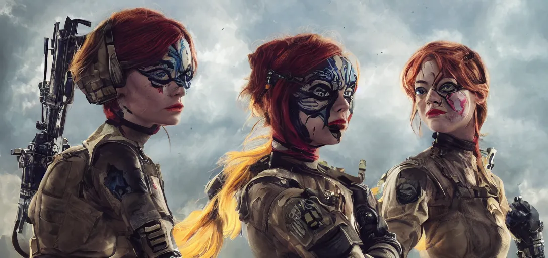 Image similar to character sheet concept art of emma stone as a special forces superhero, gypsy, face paint, realistic, hyperrealistic, photographic, costume, wlop, dan mumford, greg rutkowski, high detail, octane render, alexander mcqueen, james gurney, photo, 8 k, mucha, james jean, intricate