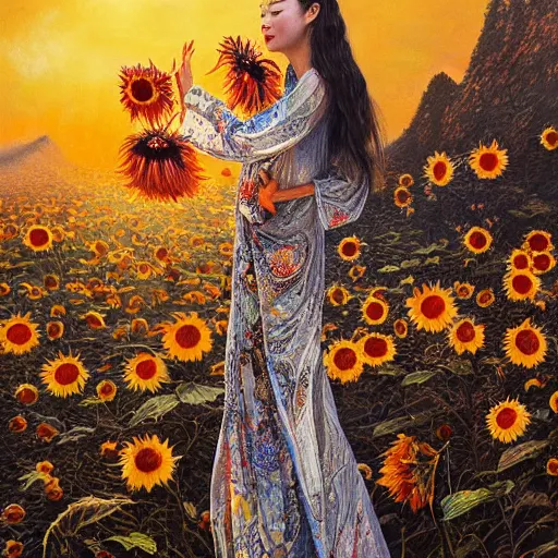 Prompt: a china cat sunflower walking proudly jingling in the midnight sun with a bodhi that drips a silver kimono Like a crazy quilt star gown through a dream night wind, intricate and complexly detailed oil painting, by Karol Bak and Tony Diterlizzi, influenced by Artgerm, golden hour scene, multi-dimensional, 8k, octane rendering,