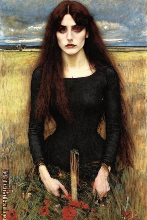 Image similar to A striking Pre-Raphaelite witch with intense eyes and jet black hair, by John Collier, by John William Waterhouse, John Everett Millais