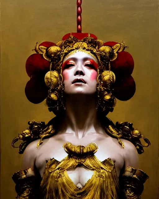 Prompt: holy goddess of circus and performance arts, golden accents by ruan jia