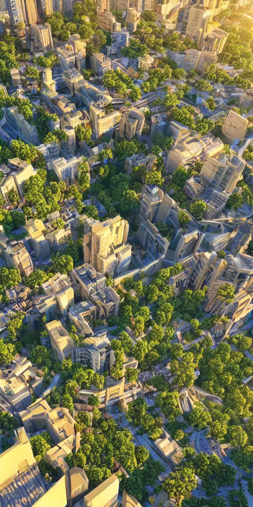 Image similar to a beautiful eco-city center full of skybridges and terraces, sunbeams, golden hour, detailed, realism, 8k high resolution