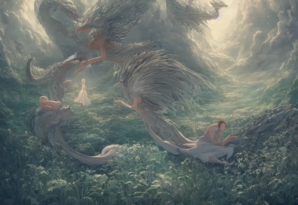 Image similar to the beautiful hyper detailed scene render that a lonely single beautiful girl lies in the arms of a huge silver dragon alone in the fairyland surrounded by white clouds, in the style of makoto shinkai victo ngai and peter mohrbacher studio ghibli artgerm karol bak beeple, cinematic, beautiful dream, ultra wide angle, animation style, 8 k hd