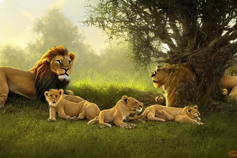 Image similar to lion and cubs resting under a tree in the morning, beautiful painting, greg rutkowski, james gurney, artstation.