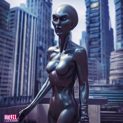 Image similar to a hyper real comic book style portait painting of a stone statue of an alien in a futuristic city in the background, unreal 5, hyperrealistic, octane render, cosplay, rpg portrait, dynamic lighting