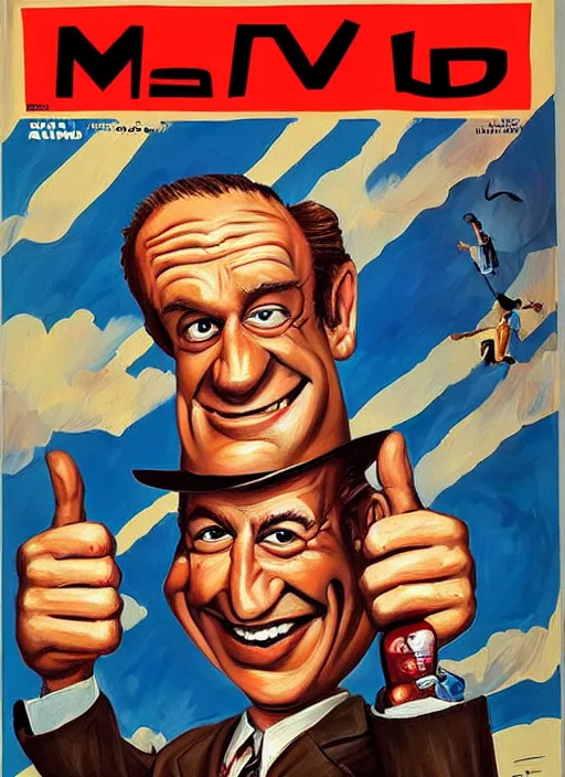 Image similar to mad magazine cover, norman mingo painting, saul goodman smiling, thumbs up, exaggerated proportions, caricature, painterly, visible brush strokes, vintage