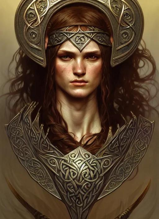 Prompt: ancient Celtic warrior, diffuse lighting, fantasy, intricate, elegant, highly detailed, lifelike, photorealistic, digital painting, artstation, illustration, concept art, smooth, sharp focus, art by John Collier and Albert Aublet and Krenz Cushart and Artem Demura and Alphonse Mucha