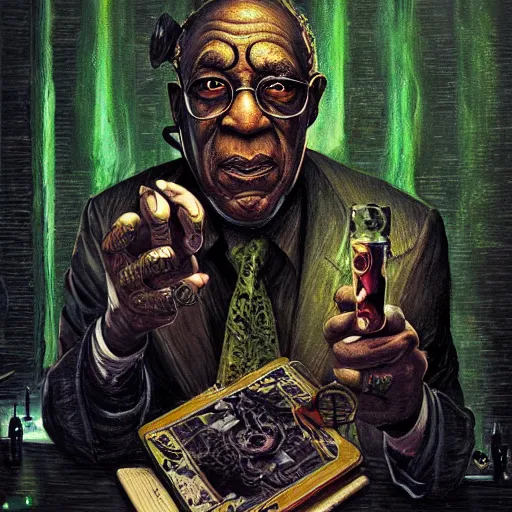 Prompt: a death tarot featuring bill cosby mixing drinks in a cyberpunk voodoo style by anton semenov and android jones and Alfred Munnings, oil on canvas