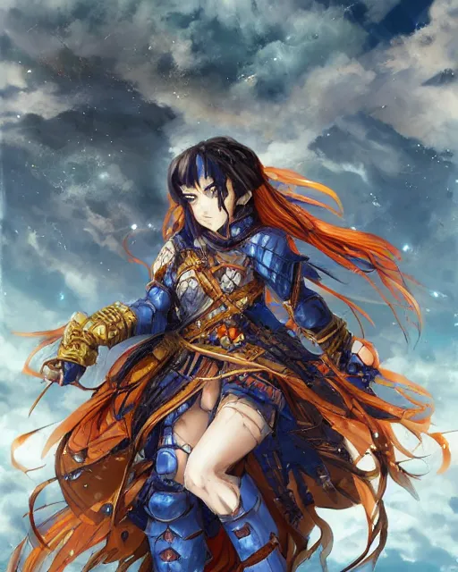 Image similar to An anime portrait of a beautiful D&D half-orc female with long wavy dark blue hair, bright orange eyes, intricate full body armour, fantasy soldier, by Stanley Artgerm Lau, WLOP, Rossdraws, James Jean, Andrei Riabovitchev, Marc Simonetti, and Sakimichan, highly detailed, ultra detailed, golden hour, trending on artstation, cgstudio