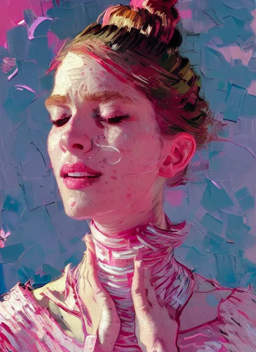 Prompt: portrait of a beautiful girl, smiling, ecstatic, eyes closed, open mouth, shades of pink, beautiful face, rule of thirds, intricate outfit, spotlight, by greg rutkowski, by jeremy mann, by francoise nielly, by van gogh, digital painting