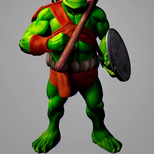 Prompt: teenage mutant ninja turtle michaelangelo with frying pan near kitchen stove, wearing white chef hat, frying nails, volumetric lighting, realistic, photo, artstation