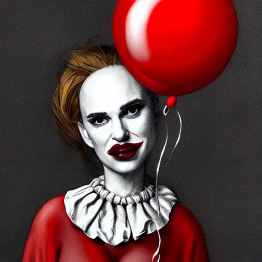 Image similar to surrealism grunge cartoon portrait sketch of natalie portman with a wide smile and a red balloon by - michael karcz, loony toons style, pennywise style, horror theme, detailed, elegant, intricate