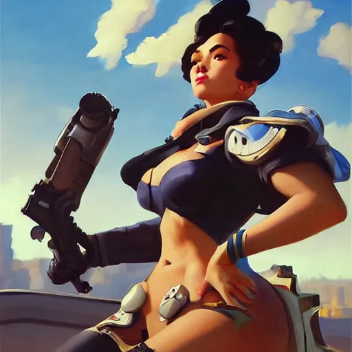 Image similar to greg manchess portrait painting of overwatch's characters as pinup art, medium shot, asymmetrical, profile picture, organic painting, sunny day, matte painting, bold shapes, hard edges, street art, trending on artstation, by huang guangjian and gil elvgren and sachin teng