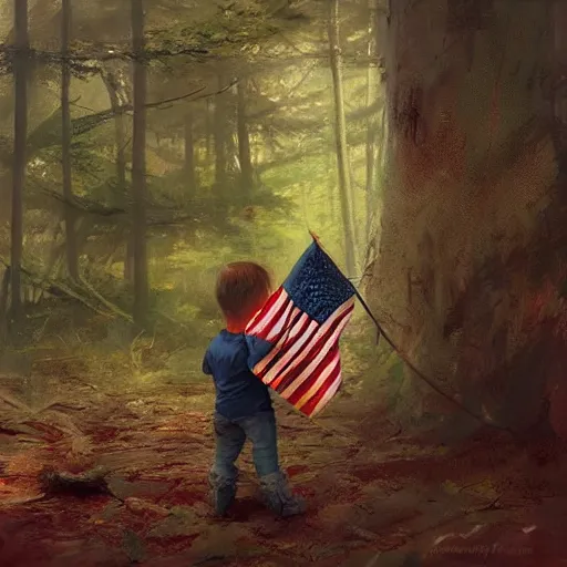 Image similar to child's hand holding a very tiny american flag in the forest, digital art by ruan jia and mandy jurgens and artgerm, highly detailed, trending on artstation, award winning