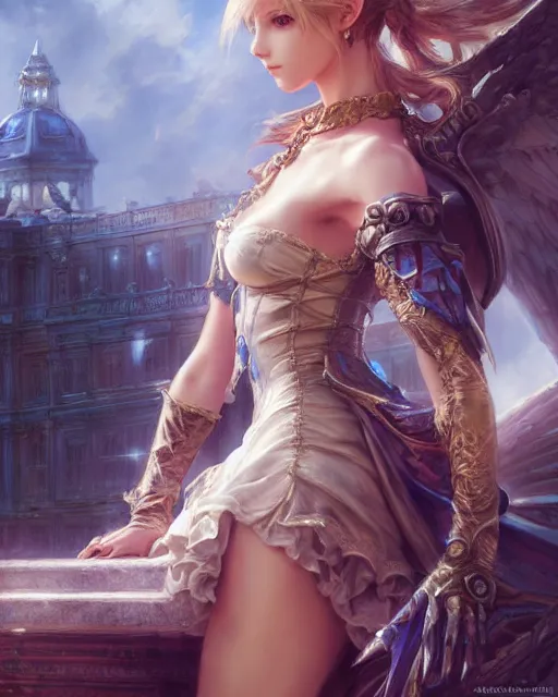 Image similar to daniel gerhartz and artgerm detailed portrait digital rococo painting of a beautiful final fantasy woman, fantasy scene, large palace in the background, unreal engine, hyper realism, realistic shading, cinematic composition, blender render, octane render, hdr, detailed textures, photorealistic, ultrawide shot, 3 5 mm film