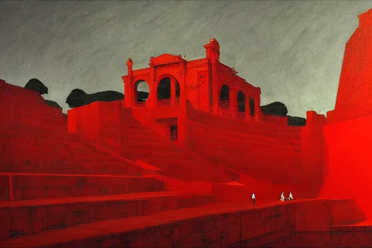 Image similar to only with red, a red melted emperor, taormina amphitheatre, crowd hails him happy, in the style of beksinski, parts by edward hopper, parts by rodcenko, parts by yue minjun, intricate and epic composition, red by caravaggio, insanely quality, highly detailed, masterpiece, red light, artstation, 4 k