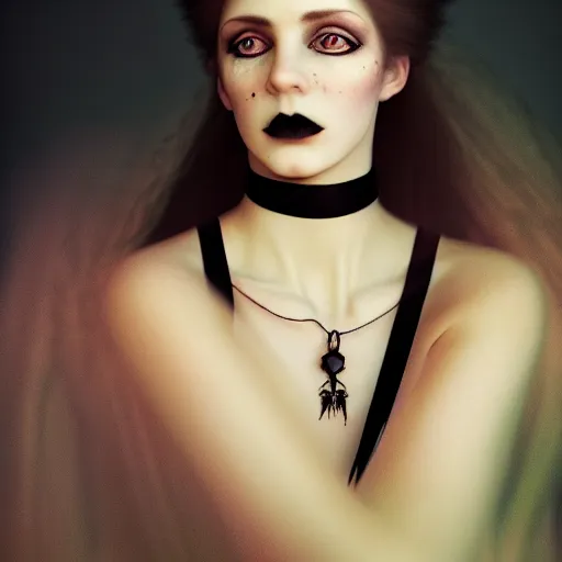 Prompt: photographic portrait of a stunningly beautiful gothic female with choker in soft dreamy light at sunset, god rays, contemporary fashion shoot, by edward robert hughes, annie leibovitz and steve mccurry, david lazar, jimmy nelsson, breathtaking, 8 k resolution, extremely detailed, beautiful, establishing shot, artistic, hyperrealistic, beautiful face, octane render