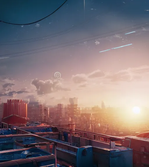 Image similar to sci - fi city rooftop view, blue sky, highly detailed, beautiful light and sunset, photorealistic, octane render