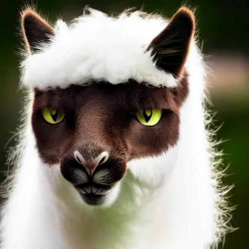 Image similar to a cat - alpaca - hybrid with a beak, animal photography