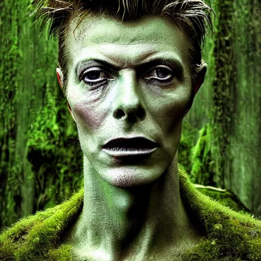 Image similar to Award-winning photograph by Mar Mann. The photo depicts a gigantic decaying roman bust of David Bowie overgrown with moss at the middle of a rainforest. Minimalism, high definition, perfect composition. Very dark. Volumetric Lighting. Darkness. Ruins