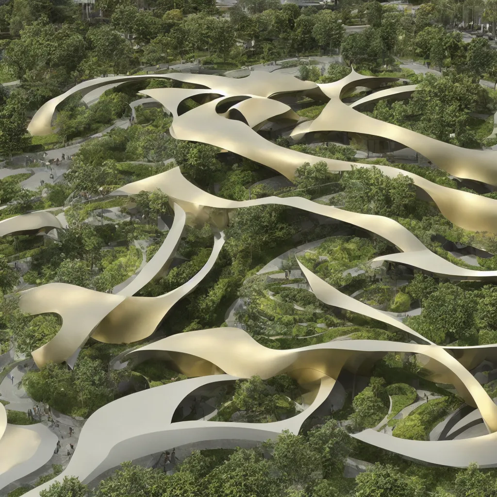 Image similar to “ an incredibly smooth curvilinear architectural spatial immersive sculpture, unfolding continuous golden surfaces enclose a visually complex garden designed by zaha hadid, architecture render ”