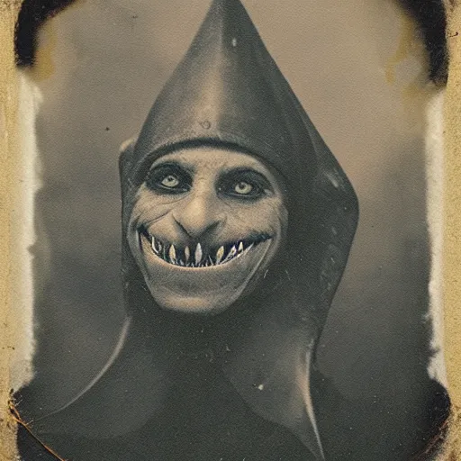 Image similar to demonic shark as human, portrait, tintype, creepy, real.