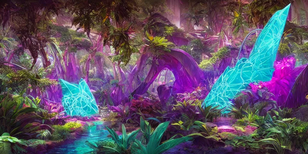 Image similar to Beautiful futuristic crystal sculpture in jungle with big wild flowers, soft neon lights, bright colors, cinematic, smooth, chrome, dramatic, fantasy, by Moebius, by Zdzisław Beksiński, high contrast, epic composition, sci-fi, dreamlike, surreal, angelic, 8k, unreal engine, hyper realistic, fantasy concept art, XF IQ4, 150MP, 50mm, F1.4, ISO 200, 1/160s, natural light, Adobe Lightroom, photolab, Affinity Photo, PhotoDirector 365