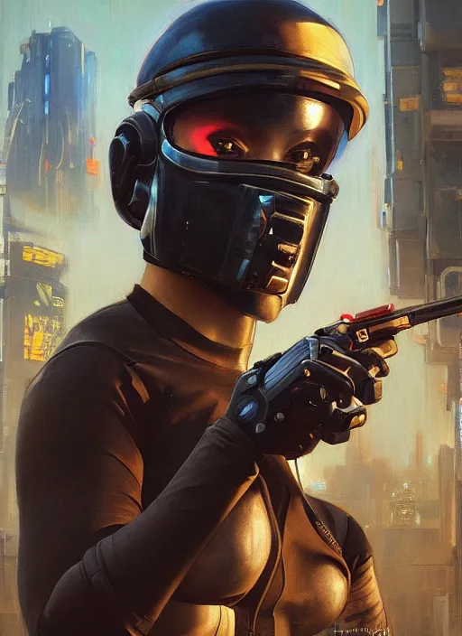 Image similar to Isabel igwe. cyberpunk mercenary wearing a futuristic helmet and combat jumpsuit. (Cyberpunk 2077, bladerunner 2049). Iranian orientalist portrait by john william waterhouse and Edwin Longsden Long and Theodore Ralli and Nasreddine Dinet, oil on canvas. Cinematic, vivid colors, hyper realism, realistic proportions, dramatic lighting, high detail 4k