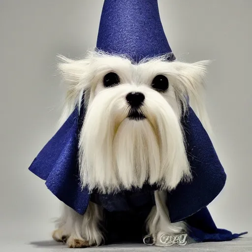 Image similar to cute little anthropomorphic maltese terrier like a gandalf the white