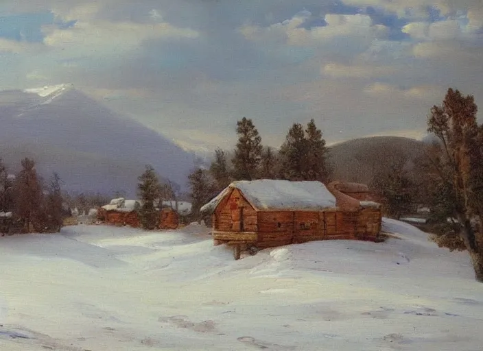 Image similar to the small wooden villages of siberia, russia in the style of hudson river school of art, oil on canvas