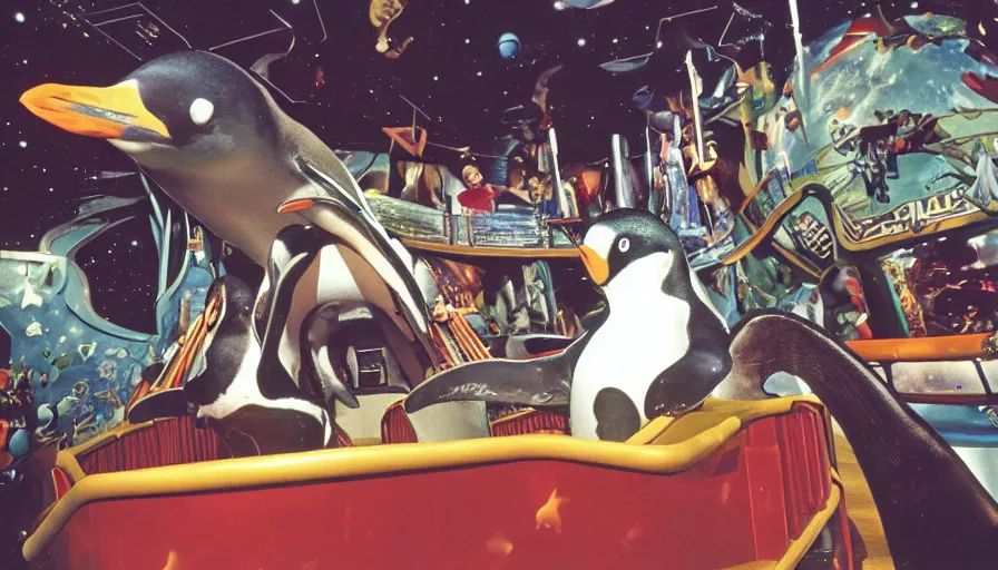 Prompt: 1990s photo of inside the Wild Space Penguin ride at Universal Studios in Orlando, Florida, riding a Penguin through space , cinematic, UHD