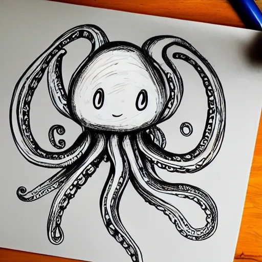 Prompt: a cute octupus drawing a picture using its tentacles