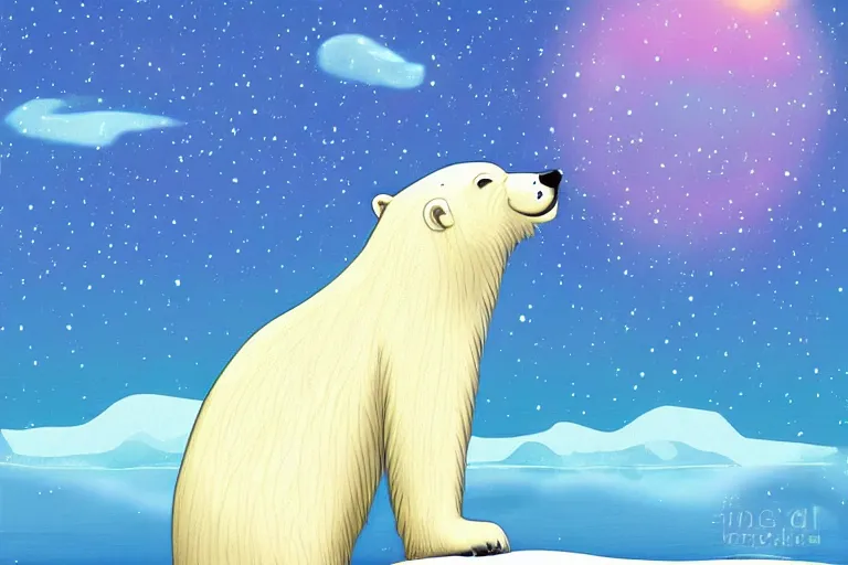 Image similar to a relaxed polar bear looking to the sky by lisa frank, digital art,