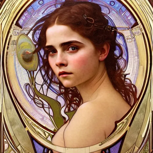 Image similar to detailed portrait art nouveau painting of the goddess of the moon, backlit, who resembles cyborg robot woman Chloe Grace Moretz, and Emma Watson with anxious, piercing eyes, by Alphonse Mucha, Michael Whelan, William Adolphe Bouguereau, John Williams Waterhouse,and Donato Giancola