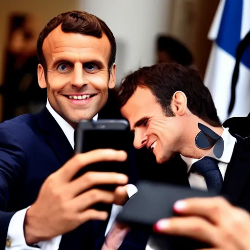 Prompt: a huge monster taking a selfie with macron