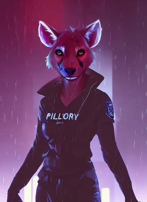 Image similar to beautiful portrait commission of a female furry anthro hyena fursona wearing a police uniform. Cyberpunk city at night in the rain. Neon light. Atmospheric. Character design by charlie bowater, ross tran, artgerm, and makoto shinkai, detailed, inked, western comic book art