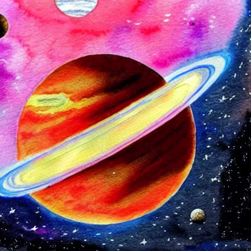 Image similar to a spaceship flying through a solarsystem in front of a pink planet, watercolor