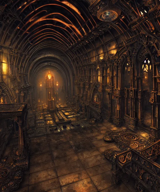 Image similar to steam necropolis, memento mori, gothic, neo - gothic, art nouveau, hyperdetailed copper patina medieval icon, stefan morrell, philippe druillet, ralph mcquarrie, concept art, steampunk, unreal engine, detailed intricate environment, octane render, moody atmospherics, volumetric lighting, ultrasharp, ominous, otherworldly