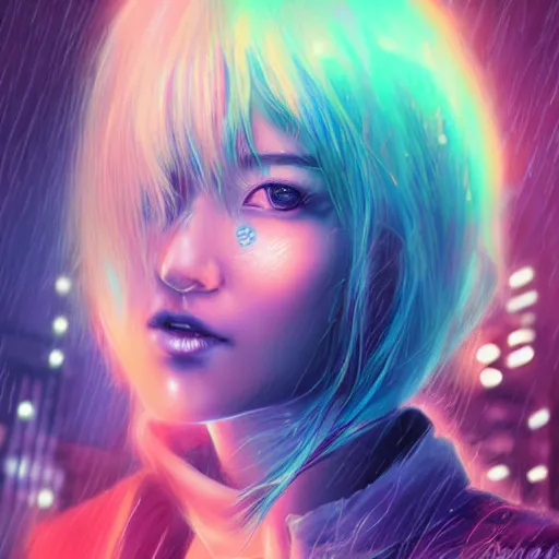 Prompt: a photo portrait of kim sung hee in the rain with blue hair, cute - fine - face, pretty face, cyberpunk art by sim sa - jeong, cgsociety, synchromism, detailed painting, glowing neon, digital illustration, perfect face, extremely fine details, realistic shaded lighting, dynamic colorful background