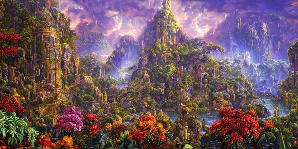 Image similar to fantasy oil painting, regale, fortress mega structure city, colossus of rhodes, atlantis, hybrid, looming, warm lighting, overlooking, epic, lush plants flowers, rainforest mountains, bright clouds, luminous sky, outer worlds, cinematic lighting, michael cheval, michael whelan, oil painting, natural tpose