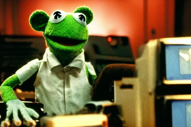 Image similar to muppet cyborg - pitbull, surrounded by screens, in 1 9 7 6, y 2 k cybercore, industrial low - light photography, still from a ridley scott movie