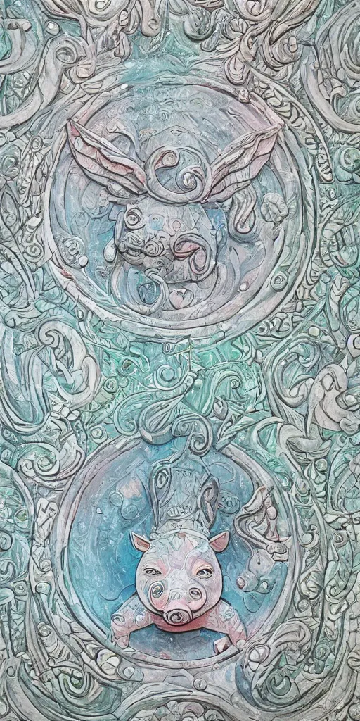 Image similar to intricate colourfully painted carved Soapstone relief paneling, white and pale blue , celestial, pig, piglet, piggy, pig goddess, mother earth, Earth Goddess mythology, Gaia, angels, divinity, Ghostly, crystaline celtic, insanly detailed , artstation, wallpaper, hyper realistic, realistic lighting