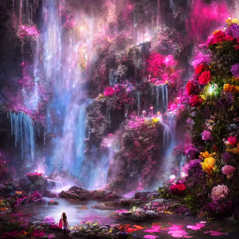 Image similar to oil painting, rich deep colors masterpiece, waterfall, gray, pink, ultra detailed, beautiful fantasy cave scene, contrast, firefly lights, neon drops, neon stones, redheaded flower girl and dress made of fresh flowers, roses, lilies, volumetric light, neon signs, atmospheric lighting, dramatic, cinematic, steampunk, moody, octane render 4 k, 8 k