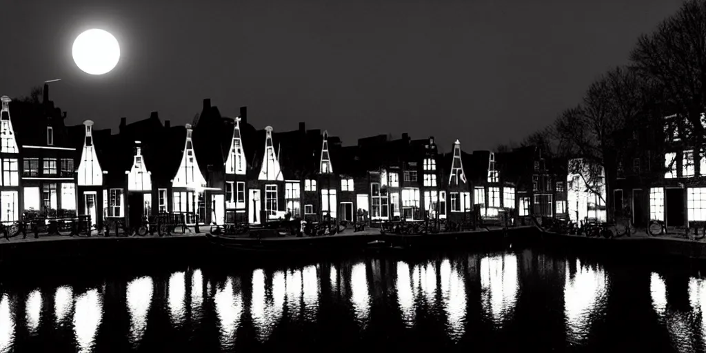 Prompt: Dutch houses along a river, silhouette!!!, A single circular white full moon, black sky with stars, soft glowing windows, stars in the sky, b&w!, Reflections on the river, a man is punting, flat!!, Front profile!!!!, HDR, soft!!, street lanterns glow, shimmers, 1904, illustration, shadowy figures