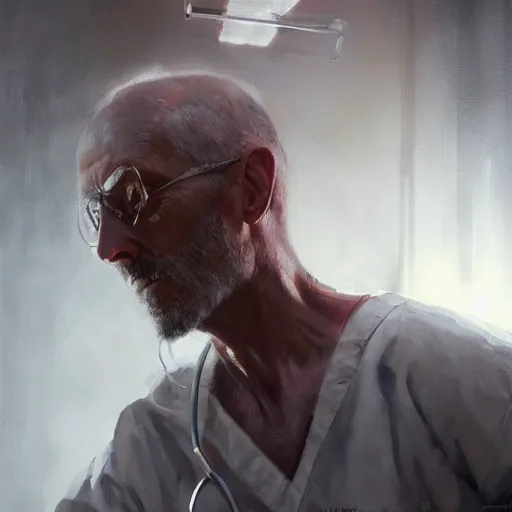 Image similar to A surgeon desperately trying to save his patient, oil painting by Cedric Peyravernay, highly detailed, cinematic concept art, dramatic lighting