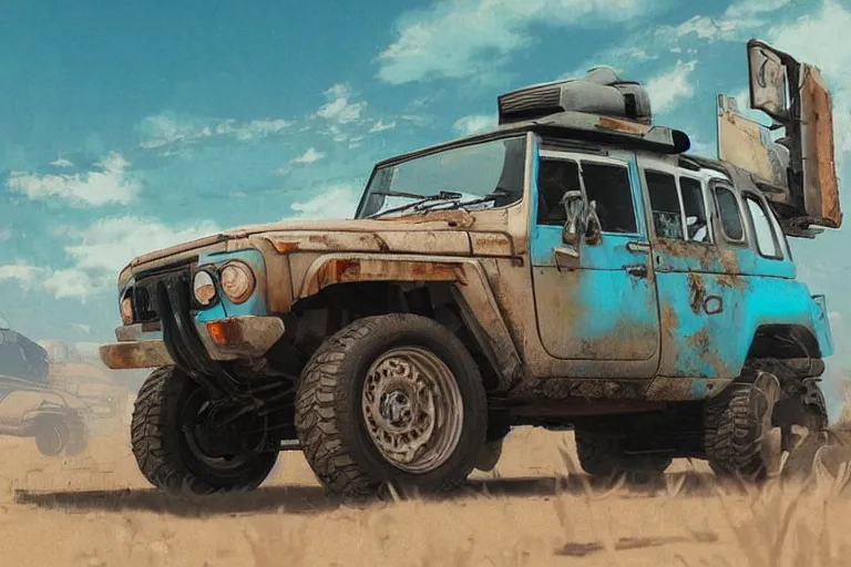 Image similar to digital illustration of a futuristic faded cyan mad max's fj 4 0 decrepit!!!! pursuit special, rusty!!! cyberpunk nissan fj cruiser heavily modded 1 9 9 0 s, the last v 8 interceptor by makoto shinkai, ilya kuvshinov, lois van baarle, rossdraws, basquiat