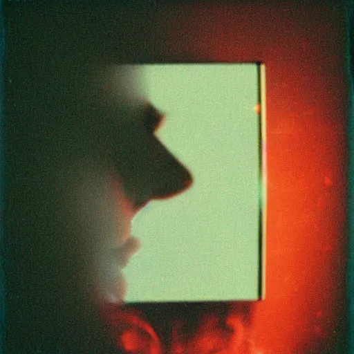 Prompt: pinhole photo : dream, smoke, silhouette, face, mirror, double exposure, chromatic aberration, kodachrome