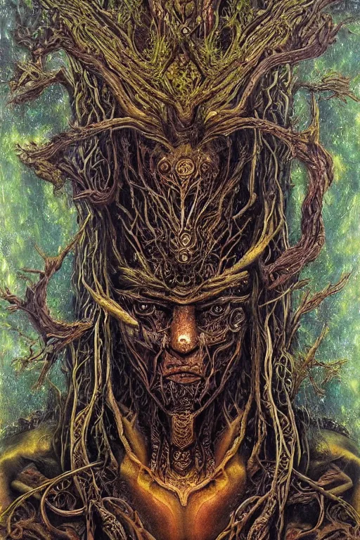 Image similar to 8k overdetailed maximalist ent darkfantasy art by oleksandra shchaslyva cinematic symmetric portrait of an ancient ent god emperor. Centered, uncut, unzoom charachter illustration. Ayahuasca visual manifestation. Surreal render, ultra realistic, zenith view. Inspired by giger feat peter gric and bekinski. Overpainted by salviadroid. Extremely ornated. artstation, cgsociety, unreal engine, ray tracing, detailed illustration, hd, 4k, digital art, overdetailed art. Intricate omnious visionary darkscifi fantastic realism concept art. complementing colors. Trending on artstation, deviantart